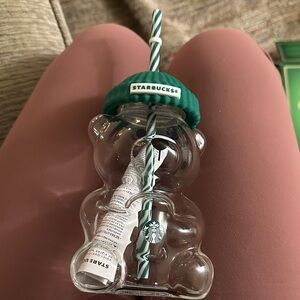 Starbucks Clear Bear Tumbler with Green Lid and Straw